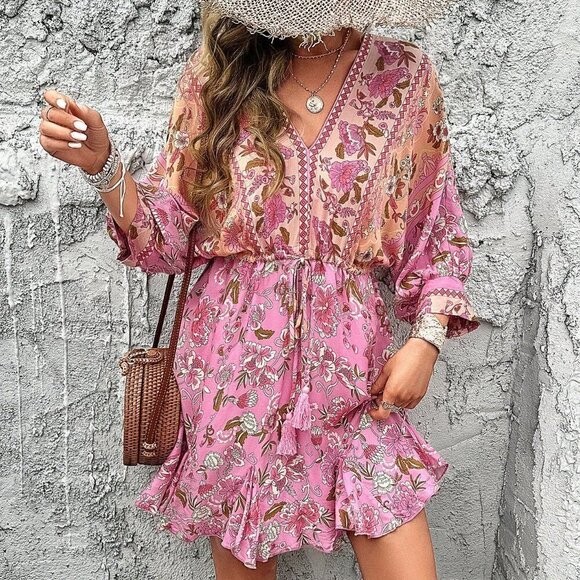 . Dresses & Skirts - Pink Boho Women's Floral Printed Drawstring Waist Dress